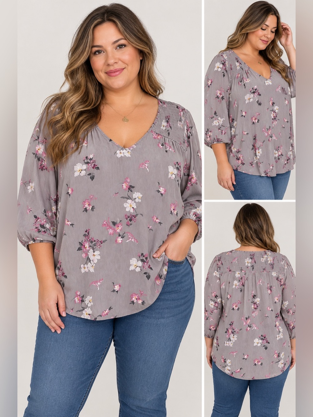 Torrid Size 3 Grey Floral Smocked V-Neck Blouse 3X